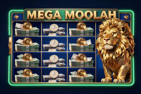 Mega Moolah Slot Vorschau mit goldenem Safari-L&ouml;wen und Jackpot-Z&auml;hler auf Navy Hintergrund