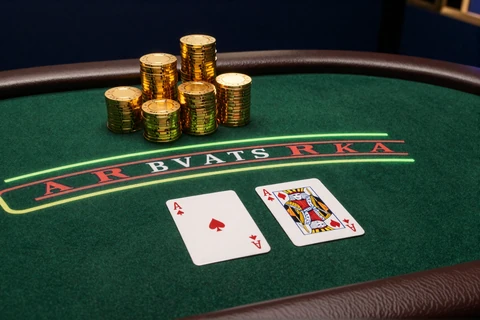 Blackjack Classic Tisch mit Ass und K&ouml;nig auf gr&uuml;nem Filz und goldenen Chips