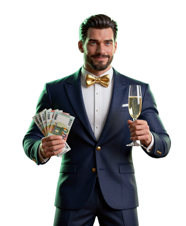Billionaire Maskottchen von BillionaireSpin Casino mit Eurostapel und Champagnerglas im Penthouse-Stil