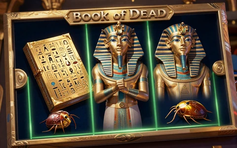 Book of Dead Slot Thumbnail mit goldenem Buch und &auml;gyptischen Symbolen