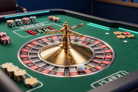 European Roulette Tischansicht mit gr&uuml;nem Filz und goldenen Casino Chips