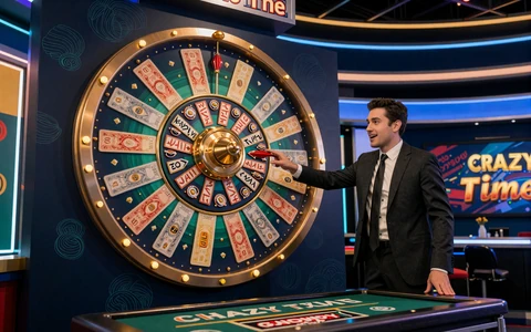 Crazy Time Live Casino Game Show Thumbnail mit gro&szlig;em Moneyrad und Showmaster