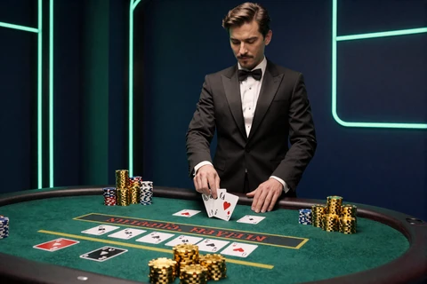 Infinite Blackjack Live Tisch mit Dealer im Smoking und goldenen Casino Chips