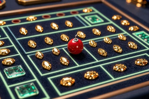 Mine Slot Spielfeld mit goldenen Edelsteinen und roter Bombe auf Smaragd Kacheln