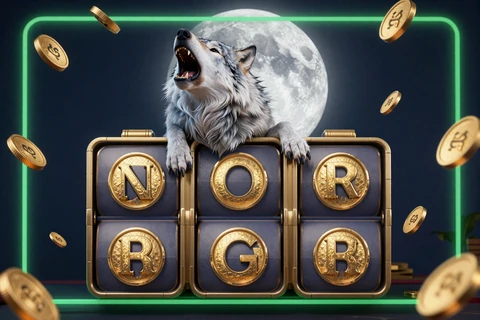 Wolf Gold Slot Thumbnail mit silbernem Wolf vor Vollmond und goldenen M&uuml;nzen